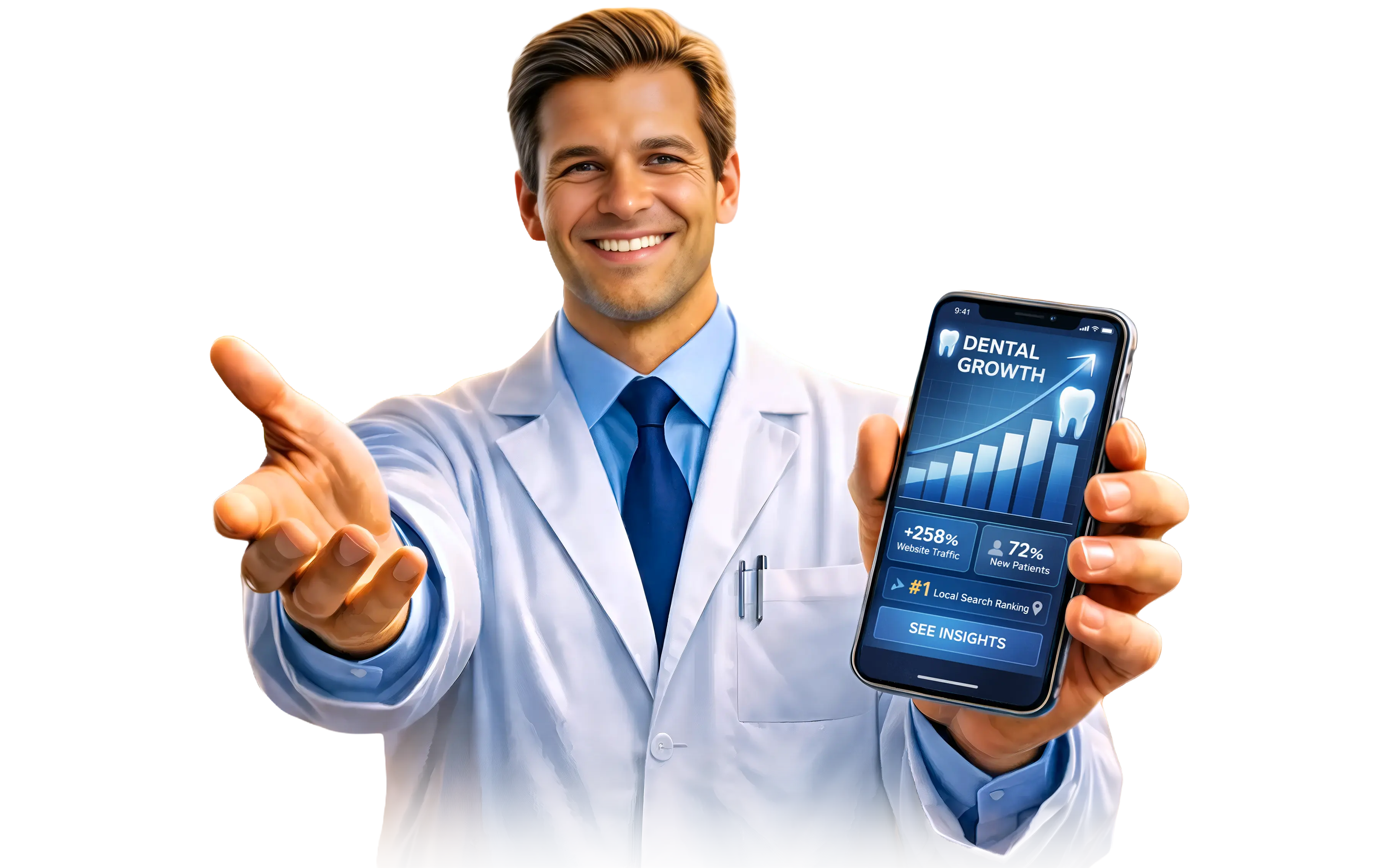 Dentist holding a phone showing dental growth statistics