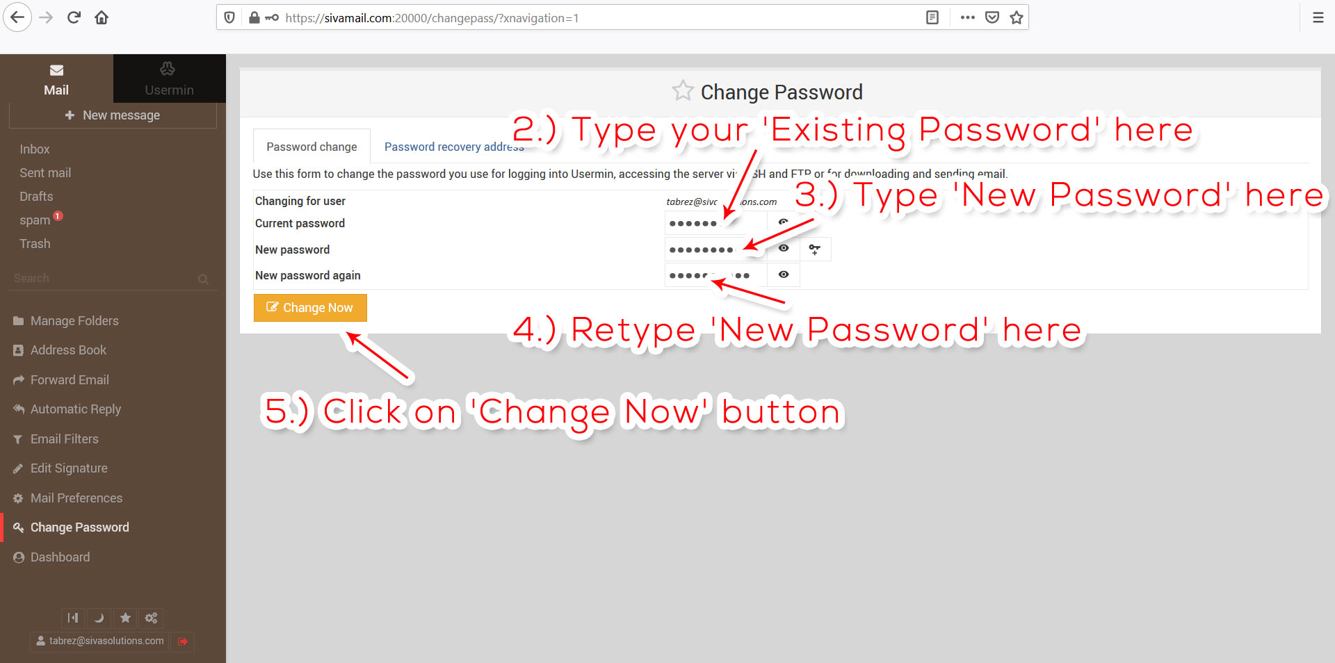 Change sivamail password step 2