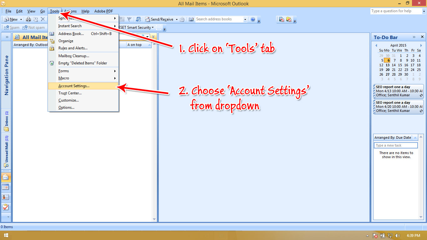Outlook setup step 1